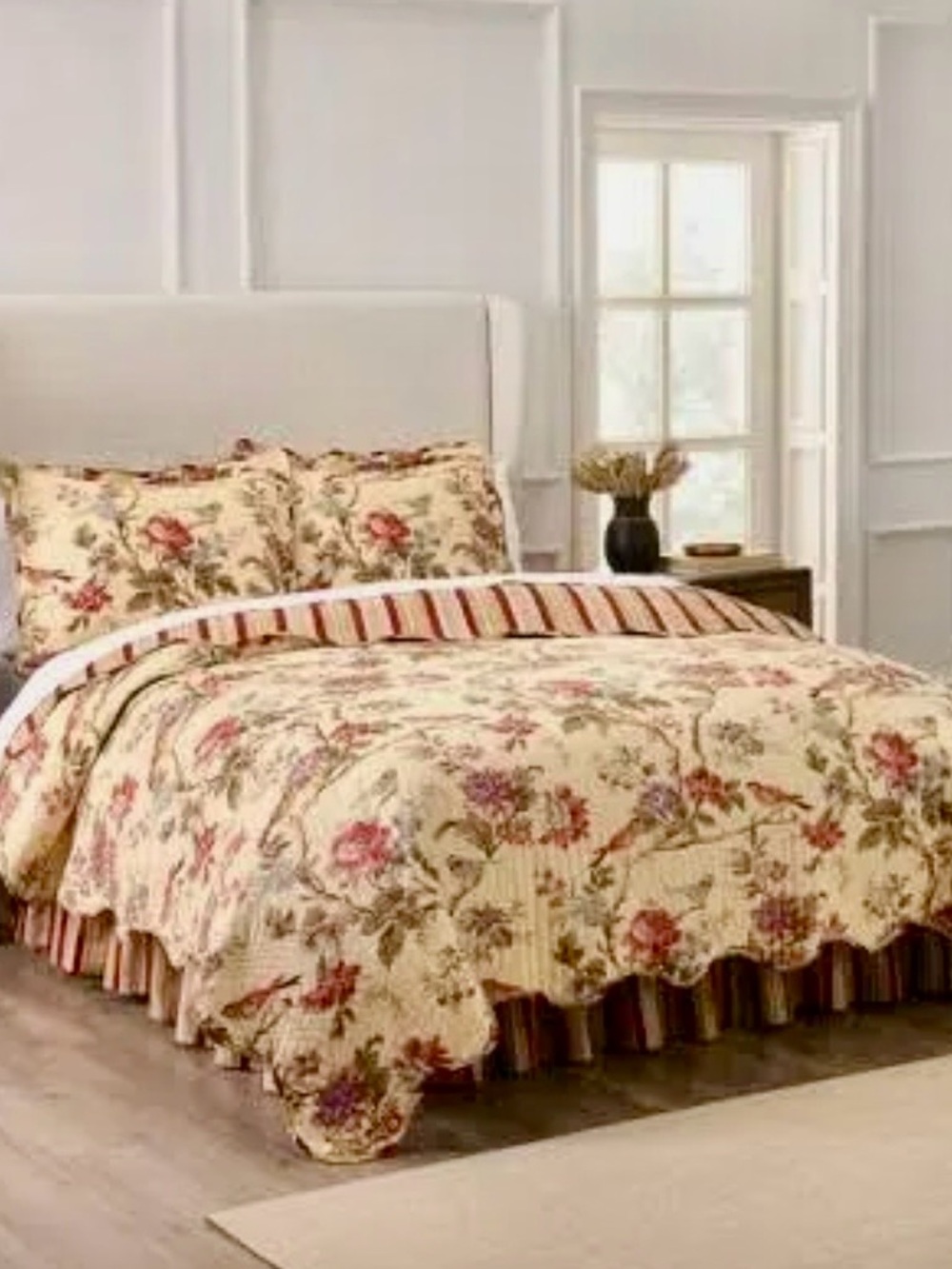 Waverly Cream Floral Quilted Bedspread with Rose and Green Accents